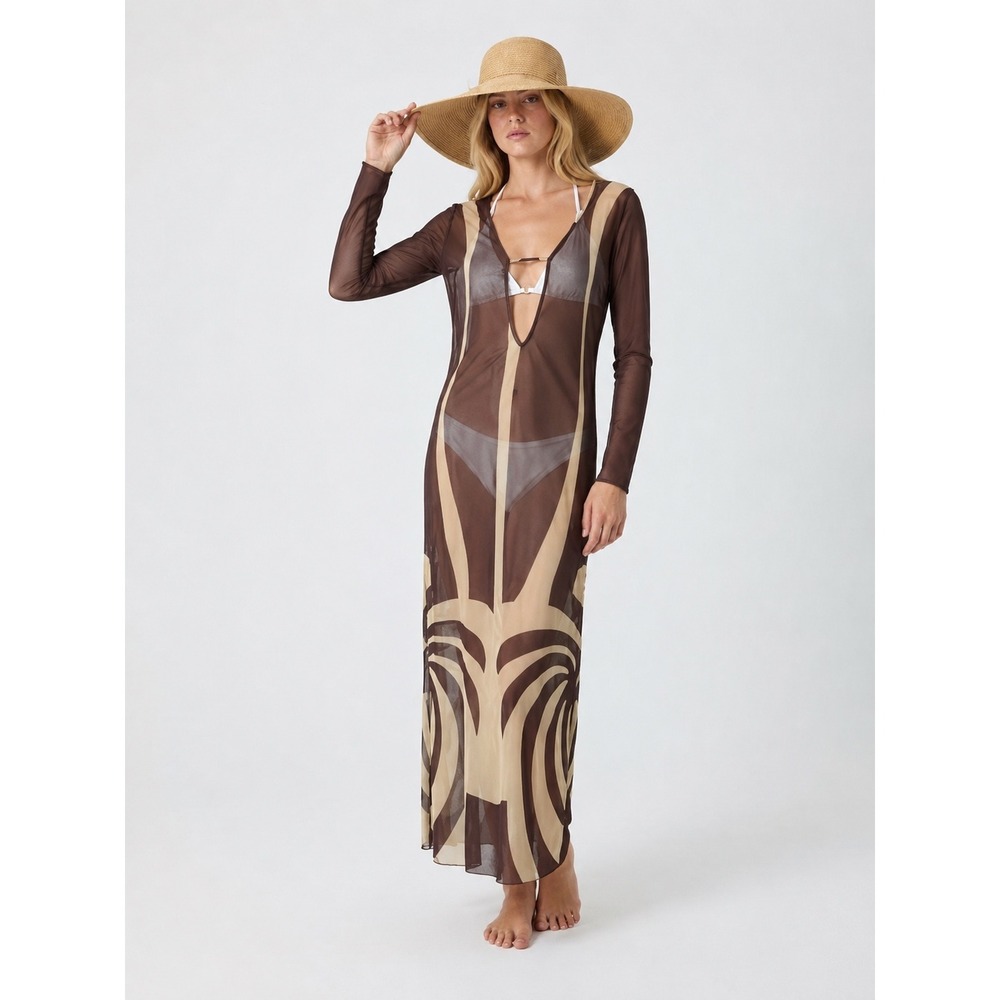 NWT Caroline Constas Maxi Dress Brown Abstract Mesh Long Sleeve Cover Up XS